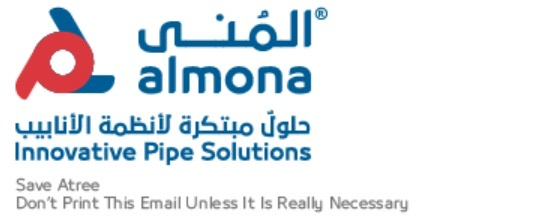 Almona logo with the slogan Innovative Pipe Solutions in English and Arabic, plus a note saying Save Atree Don’t Print This Email Unless It Is Really Necessary.