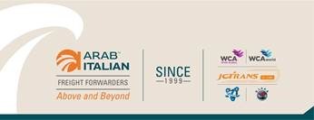 Arab Italian Freight Forwarders logo with tagline Above and Beyond, established since 1999, alongside WCA, WCAworld, JC Trans, and other partner logos.