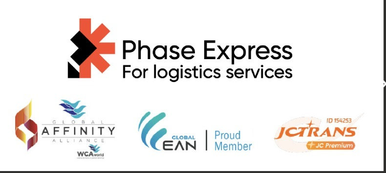 Logos of Phase Express for logistics services, Global Affinity Alliance with WCAworld, Global EAN Proud Member, and JCTRANS JC Premium with ID 154253.