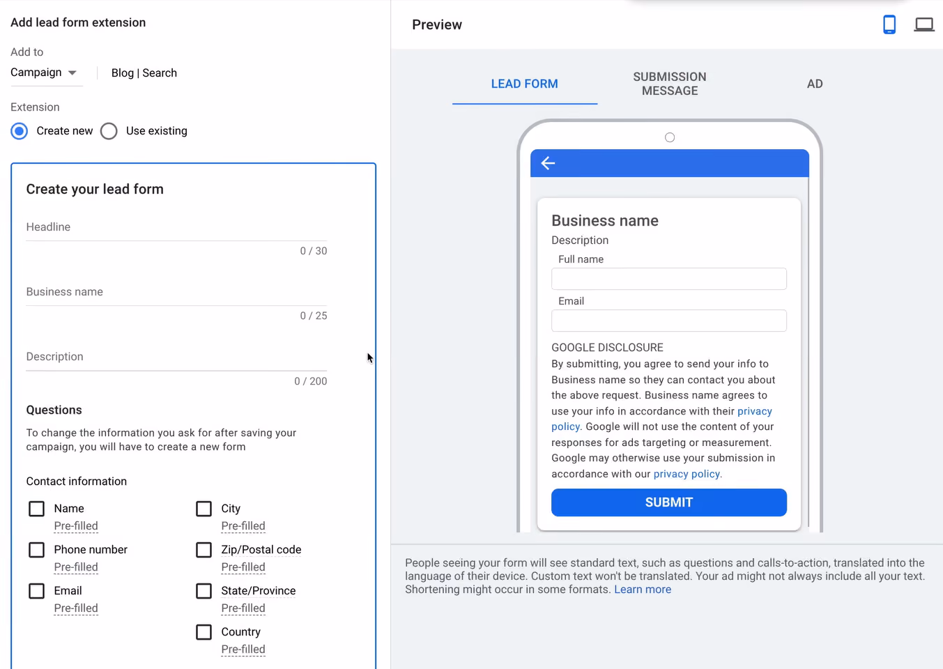Google Lead Form Extension for Search Ads