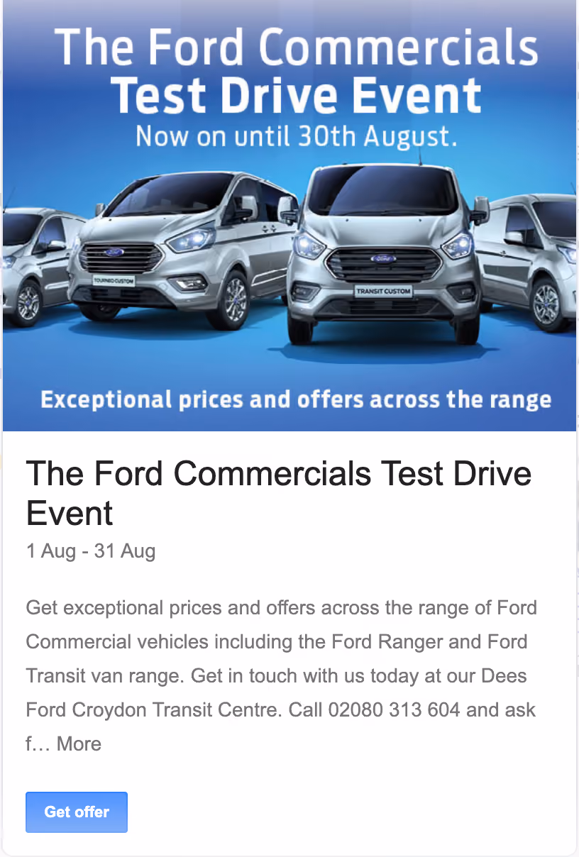 Dees Ford Croydon used Google My Business Event post to promote their test drive event for commercial vehicles.
