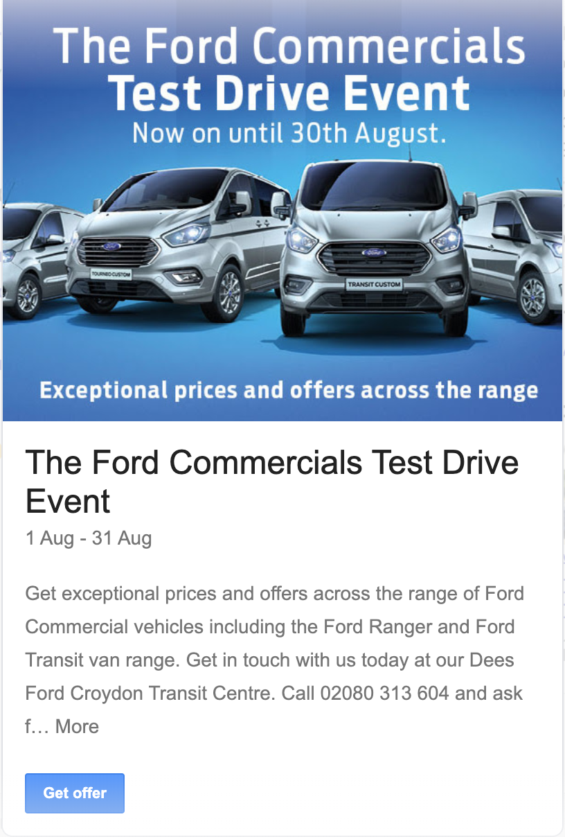 Dees Ford Croydon used Google My Business Event post to promote their test drive event for commercial vehicles.