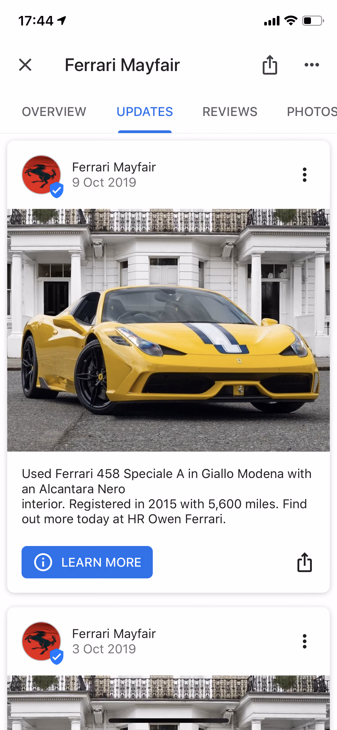 Ferrari Mayfair used Google My Business posts to showcase used car inventory with stunning vehicle images.