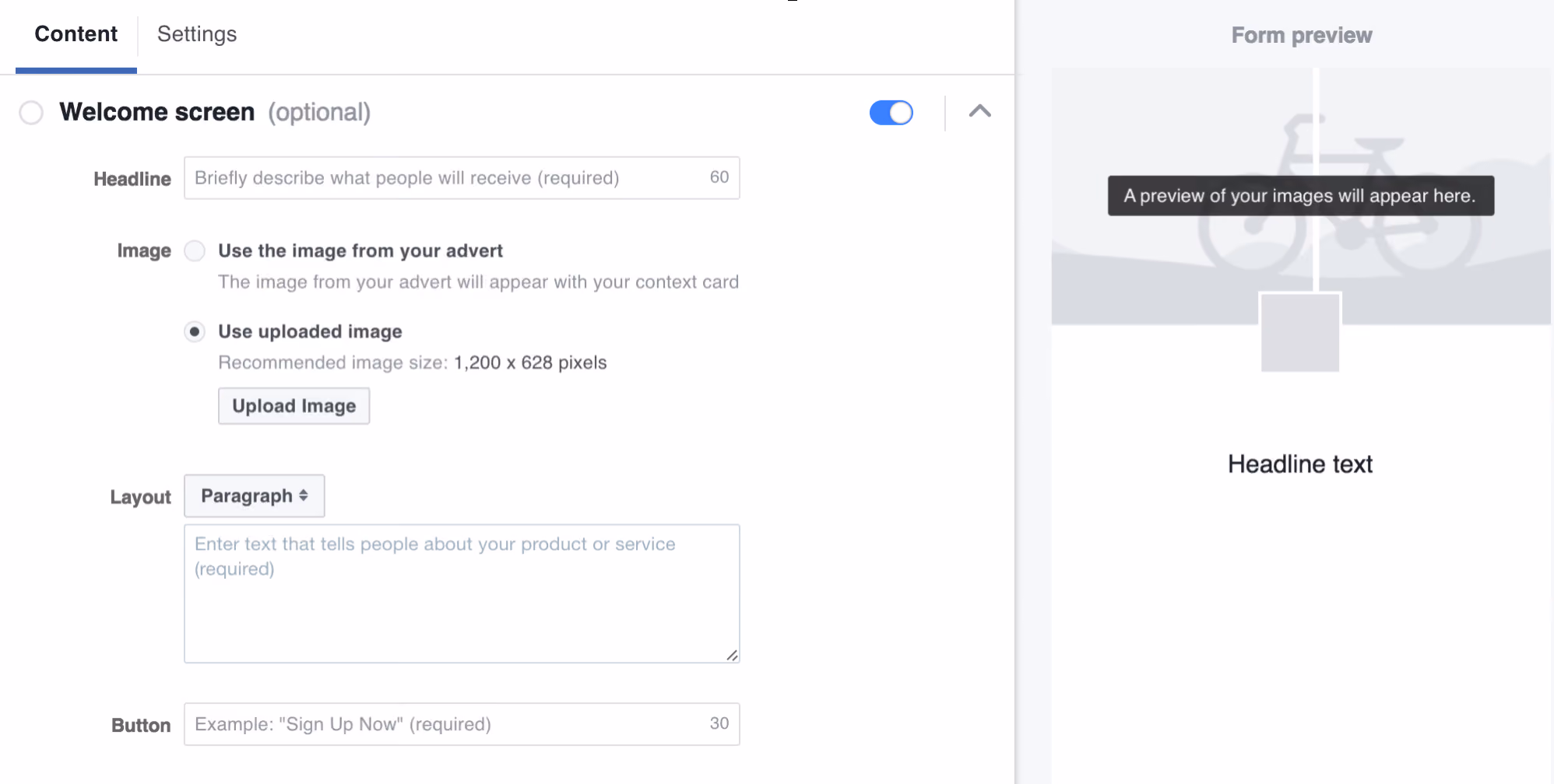 Facebook Lead Ads Welcome Screen