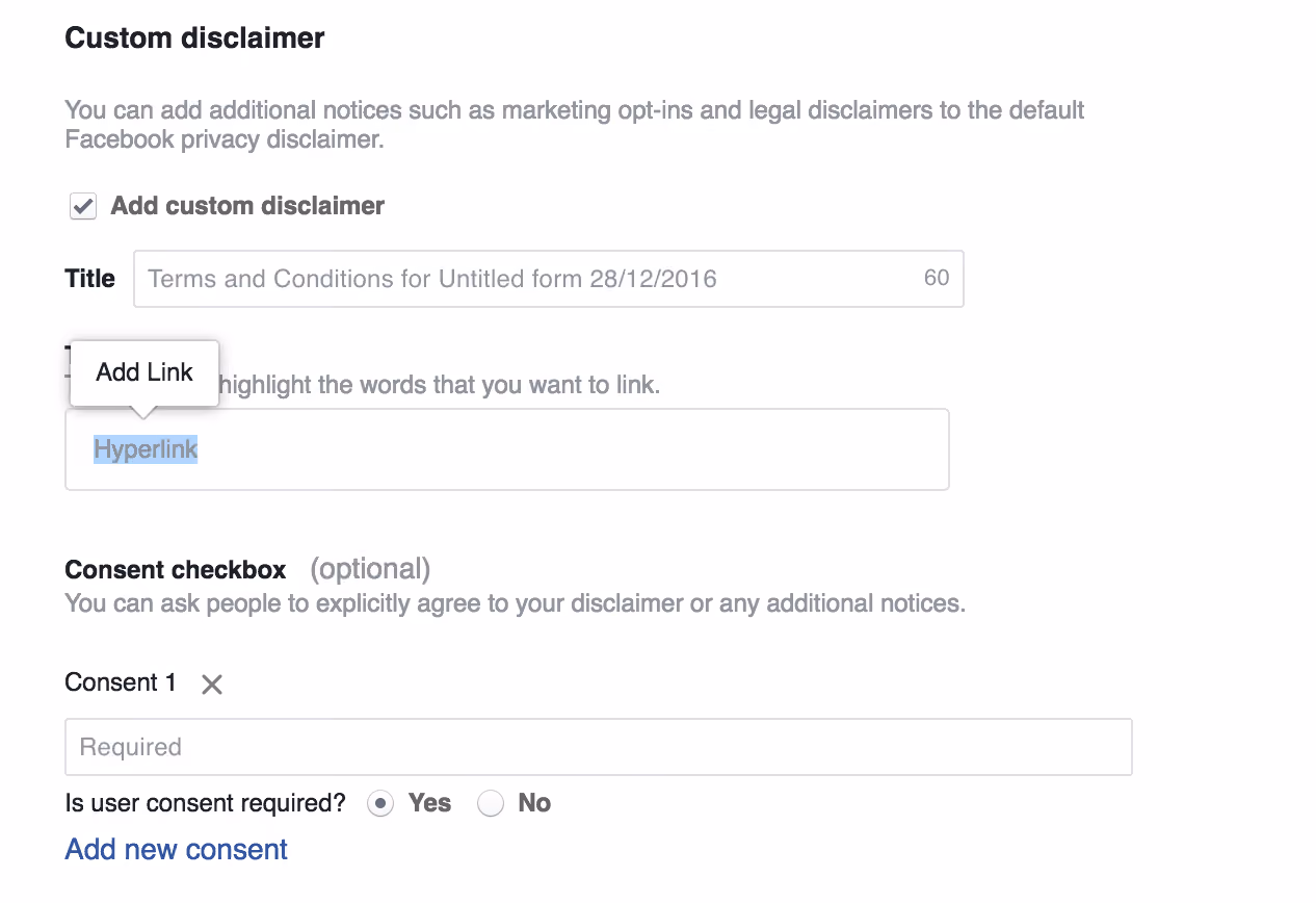Facebook Lead Ads Custom Disclaimer