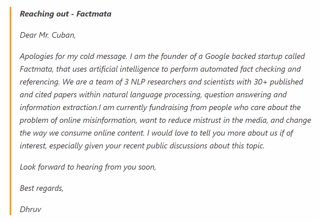 Dhruv Ghulati's cold email to Mark Cuban