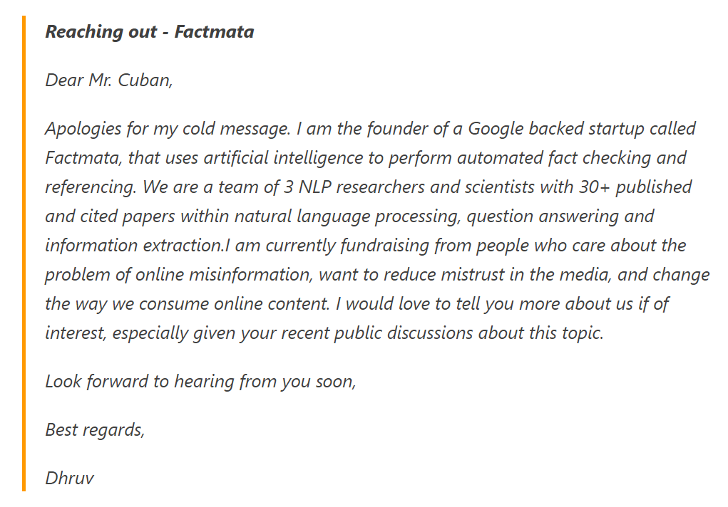 Dhruv Ghulati's cold email to Mark Cuban
