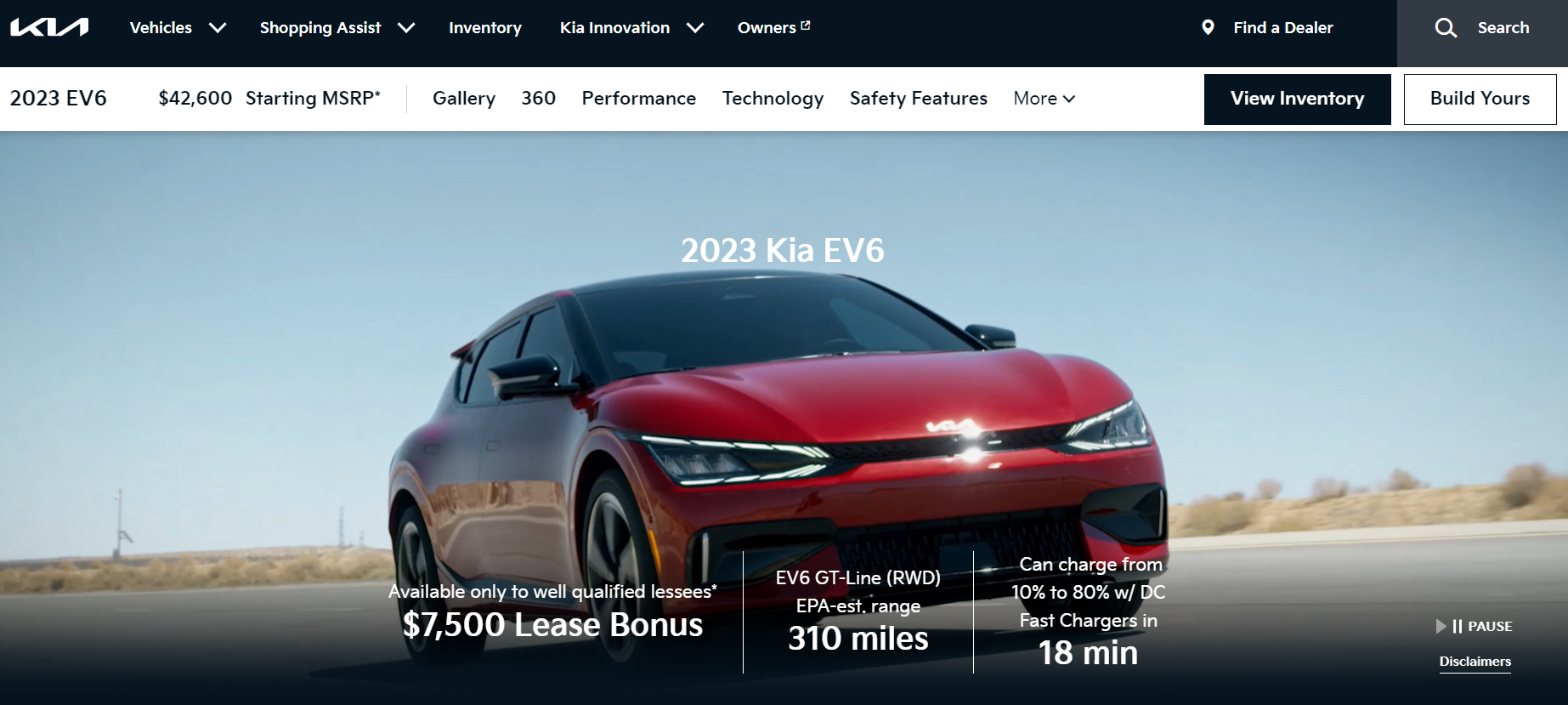 Kia EV6 landing page in the US