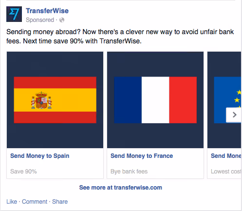 Facebook carousel ad displaying features