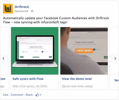 Facebook Carousel ads showcasing benefits of product