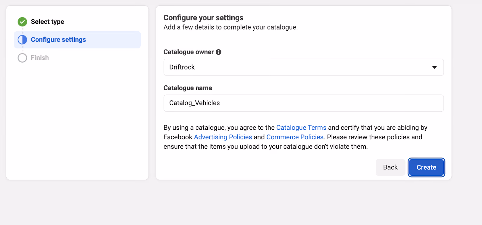 Facebook-Anzeigen für Fahrzeugbestände – Katalog-Einstellungen