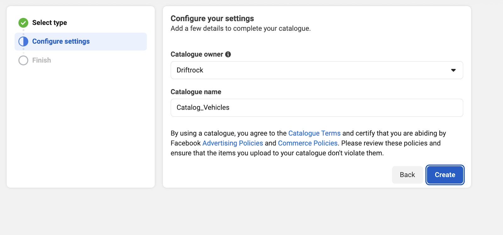 Facebook-Bestandsanzeigen für Fahrzeuge - Katalogeinstellungen