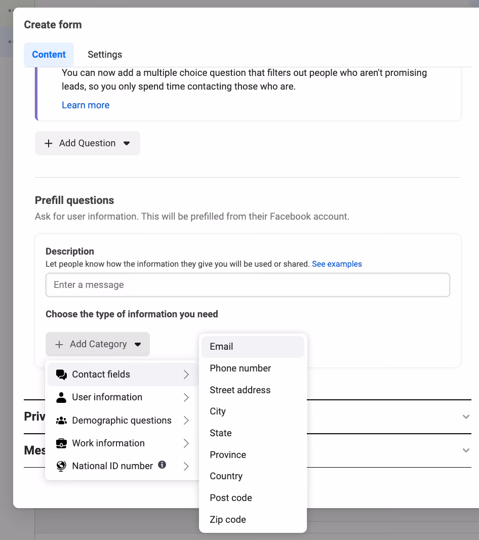 Facebook Lead Ads Fields - Contact Fields