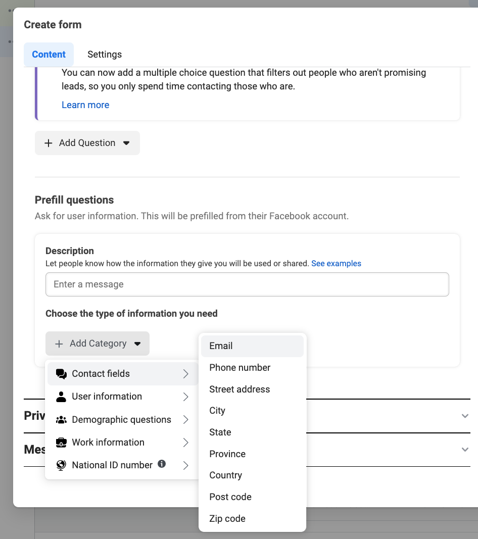 Facebook Lead Ads Fields - Contact Fields