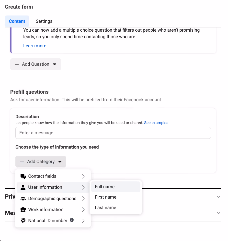 Facebook Lead Ads Fields - User Information