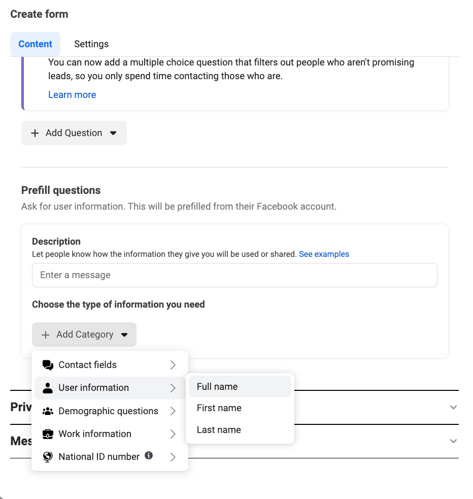 Facebook Lead Ads Fields - User Information