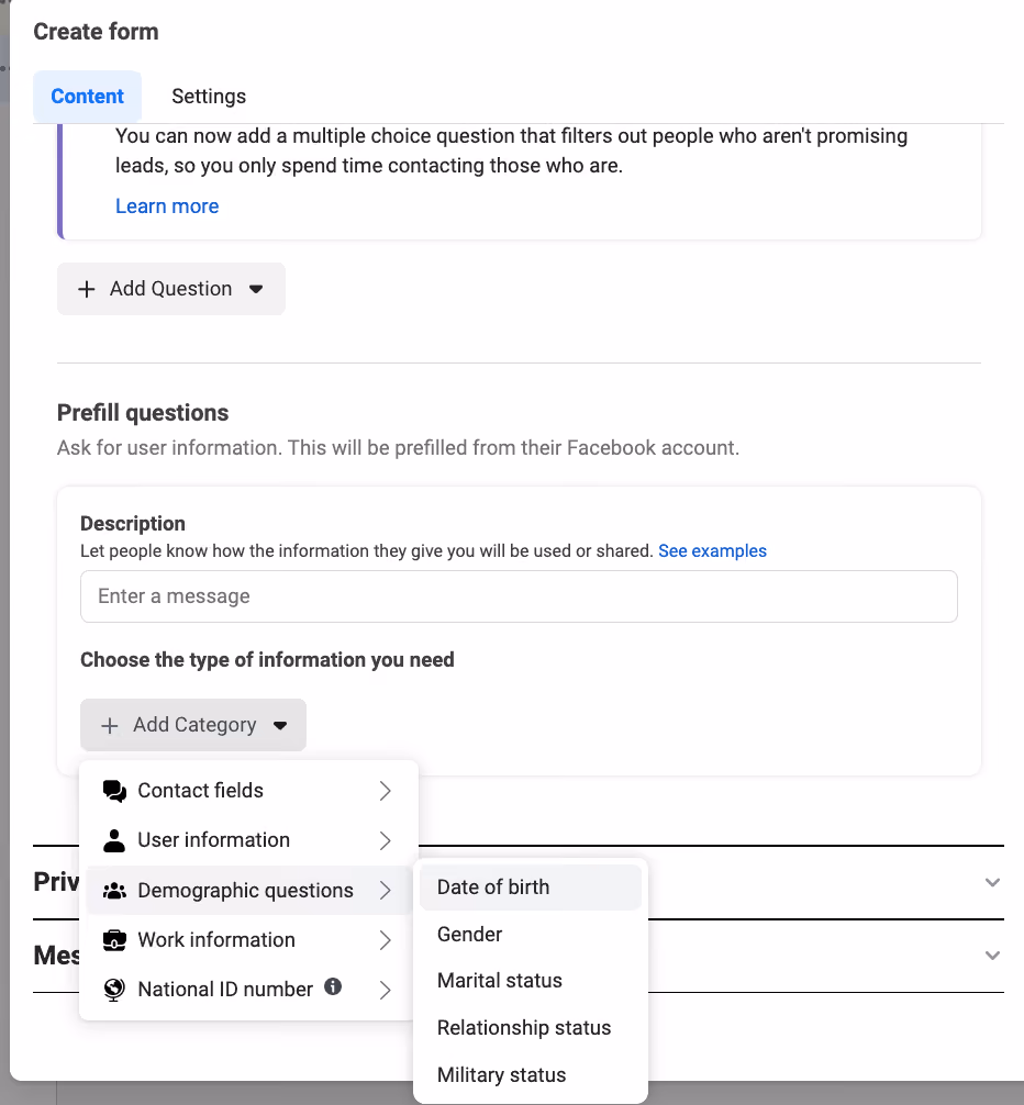 Facebook Lead Ads Fields - Demographic Questions