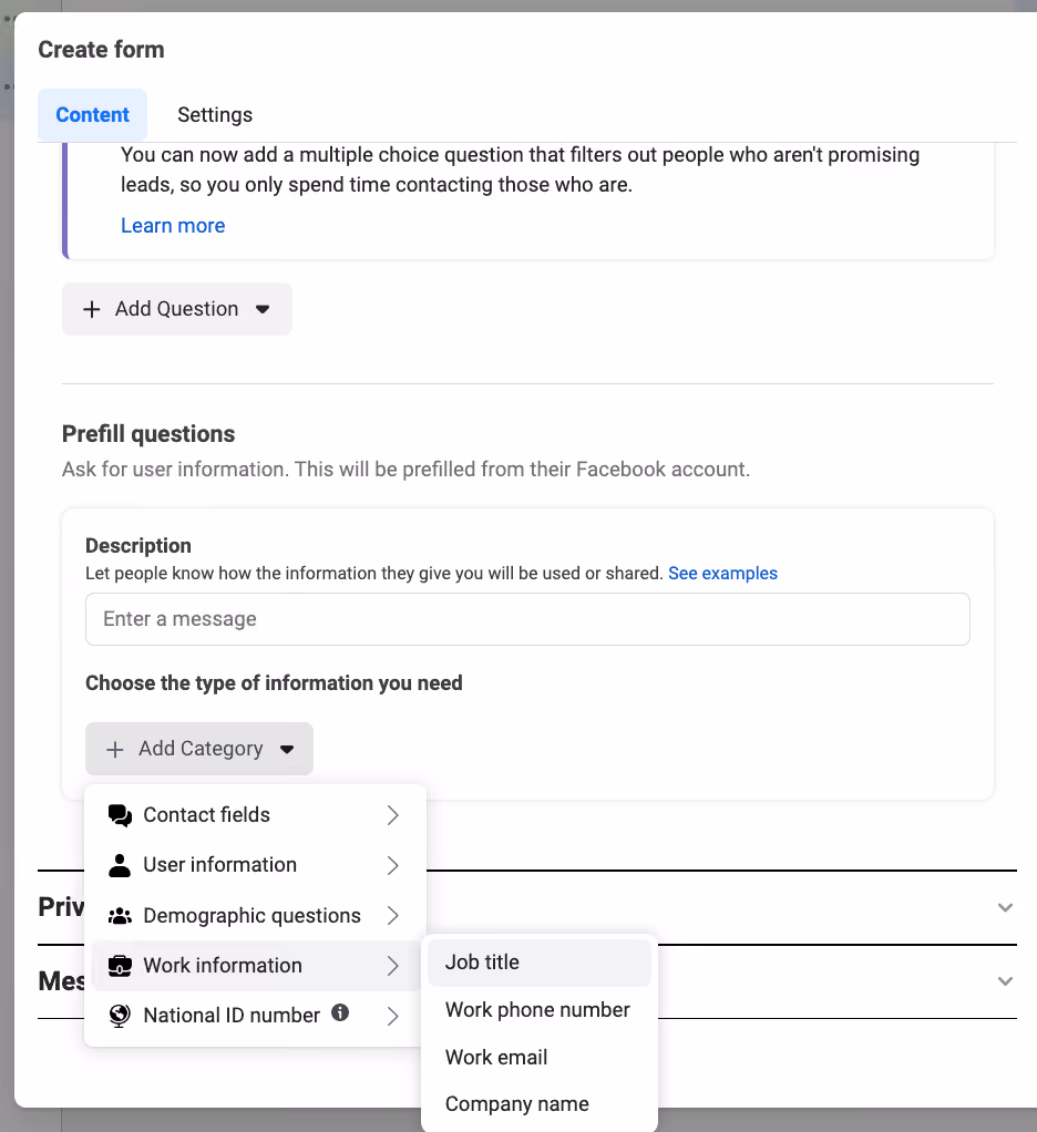 Facebook Lead Ads Fields - Work Information