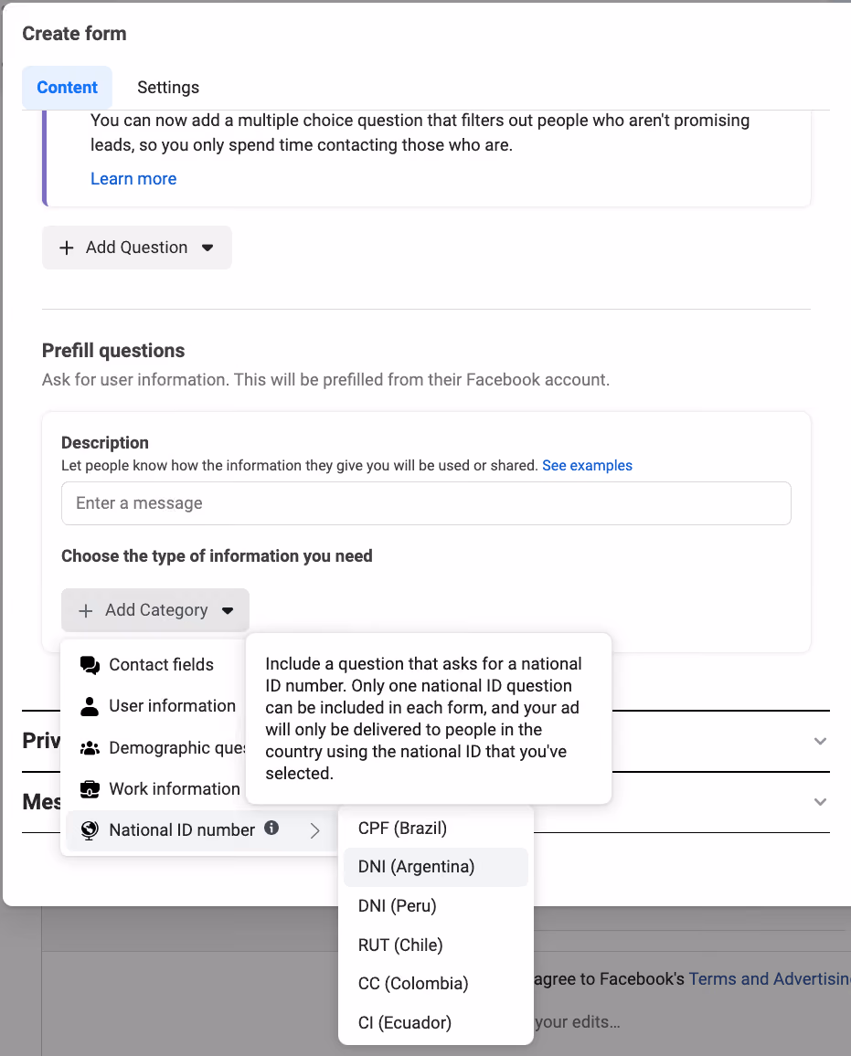 Facebook Lead Ads Fields - National ID Number
