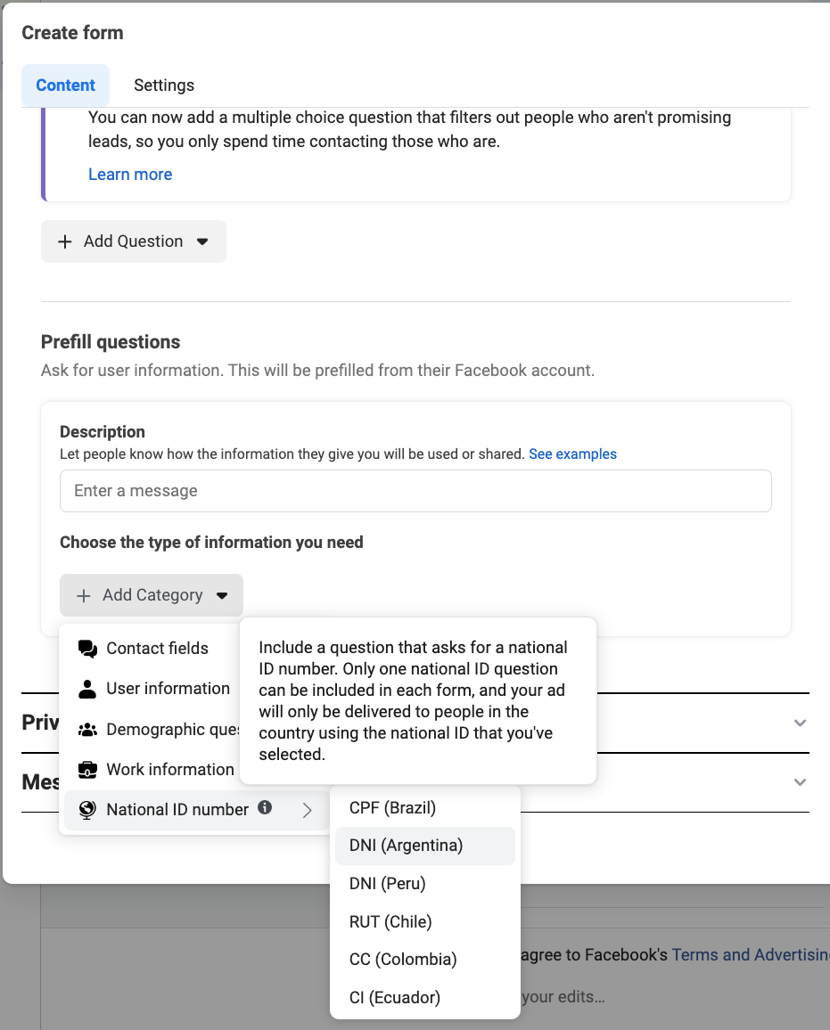 Facebook Lead Ads Fields - National ID Number