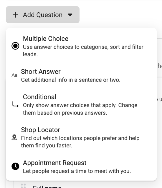 Facebook Instant Form Multiple-Choice-Frage