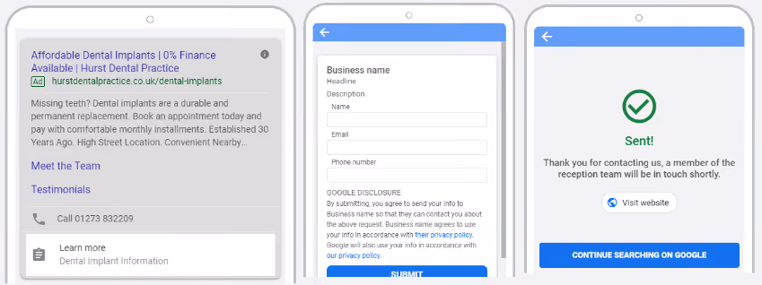 Beispiel für eine Google-Lead-Anzeige: Zahnarztpraxis Hurst