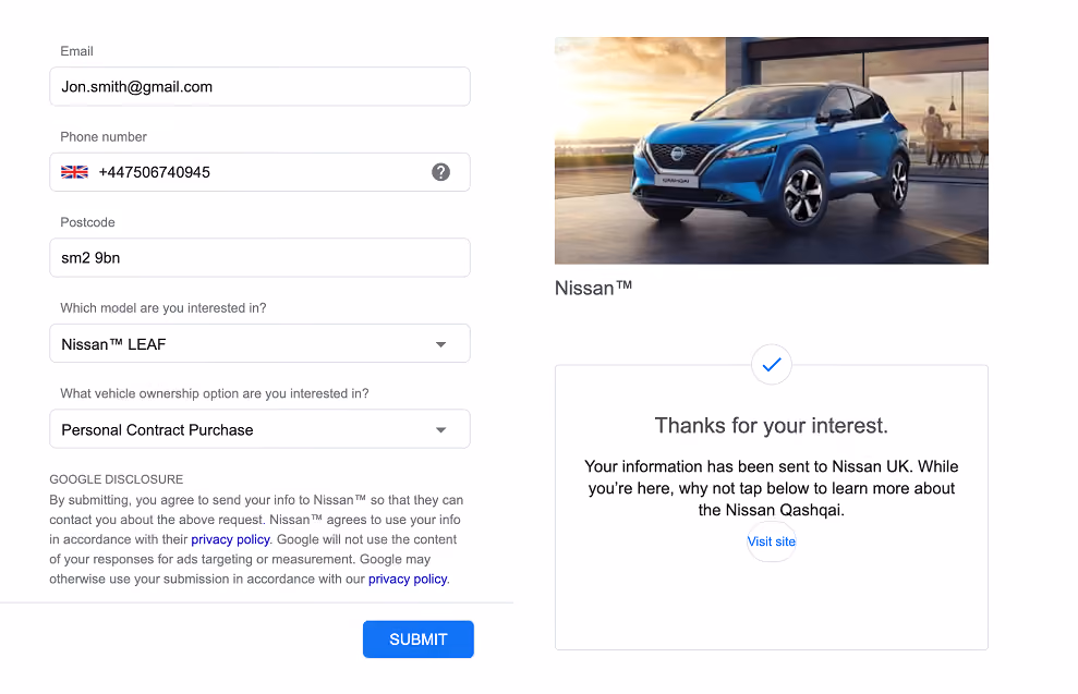 Beispiel für eine Google Lead-Anzeige: Nissan