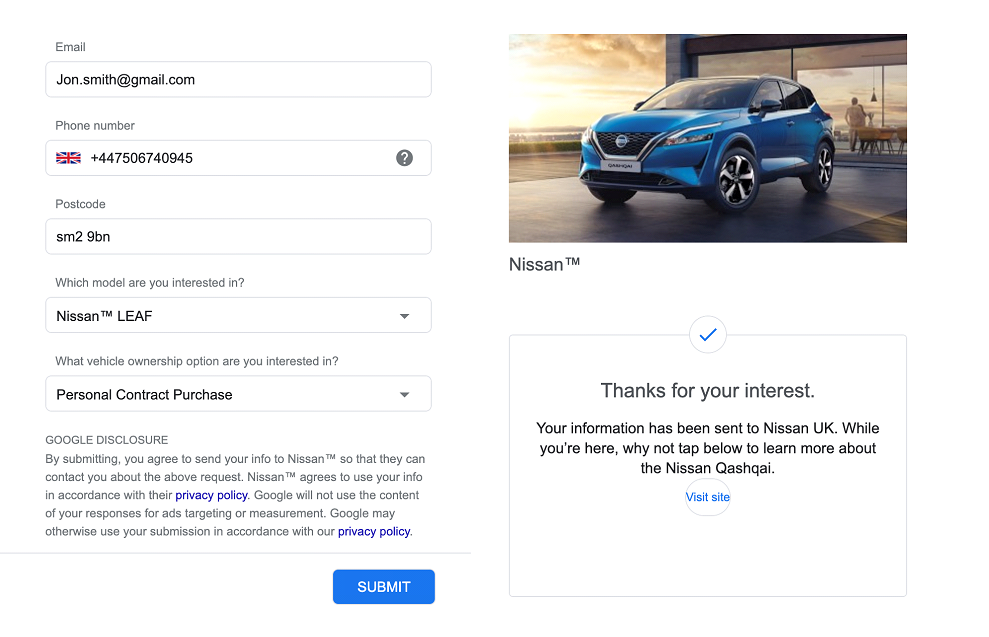 Esempio di annuncio Google Lead: Nissan
