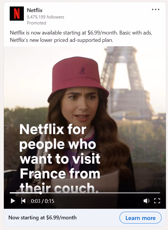 Ejemplo de anuncio en LinkedIn: Netflix