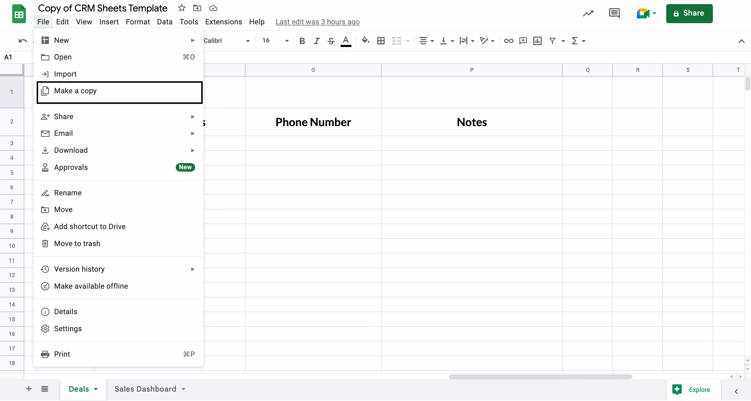 How to make a copy of Google Sheets CRM Template