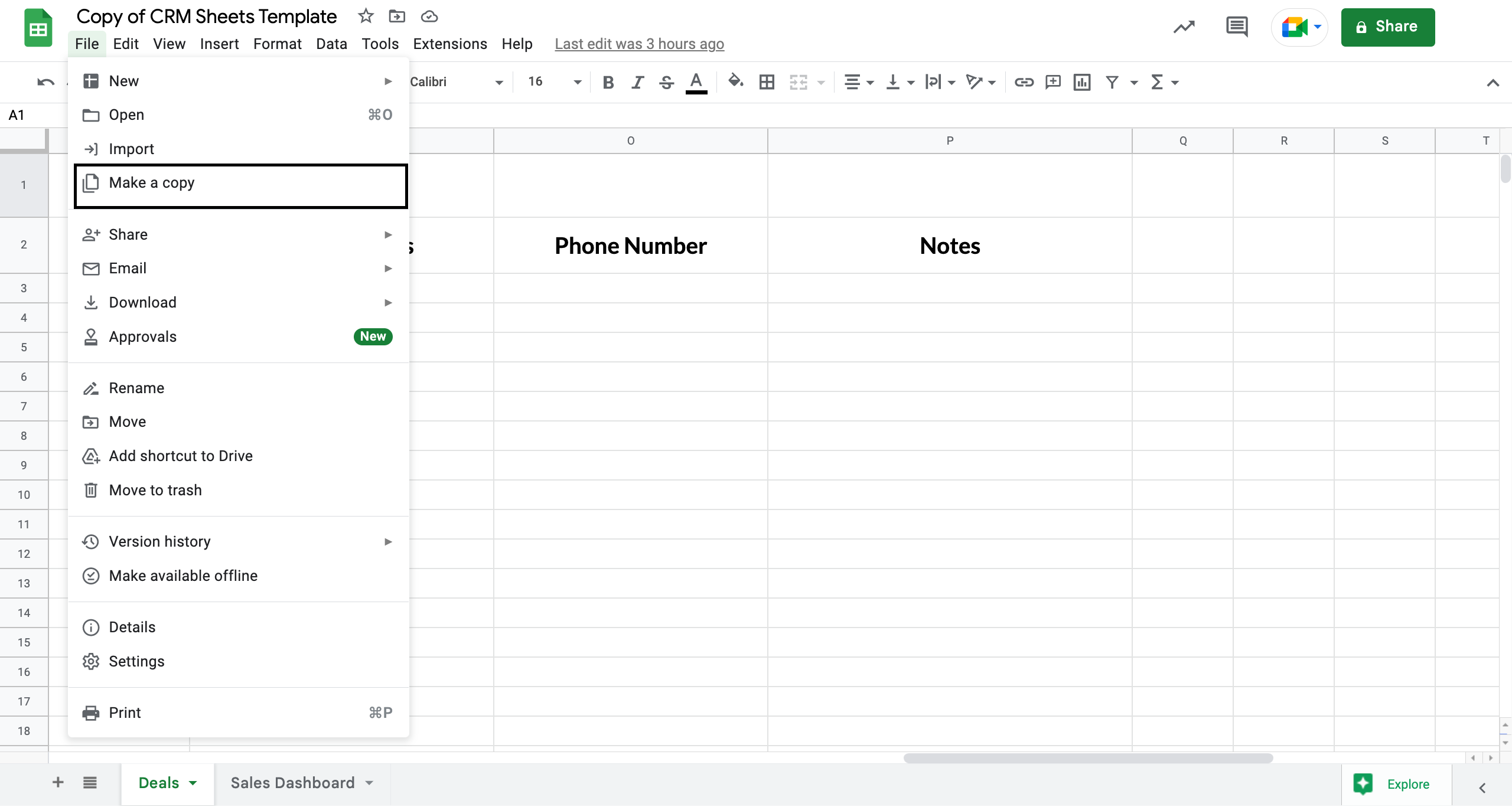 How to make a copy of Google Sheets CRM Template