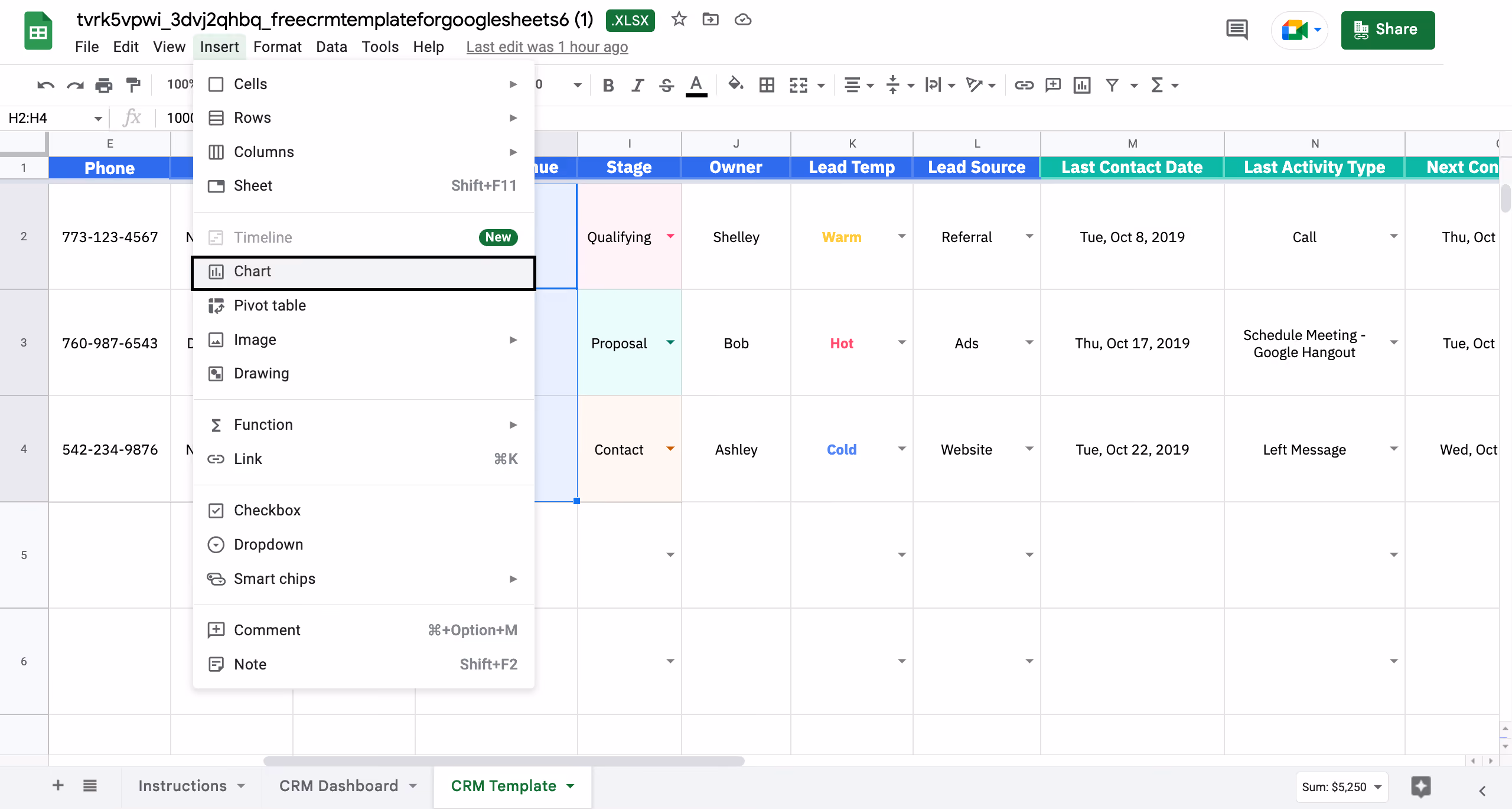 Adding a chart in Google Sheets