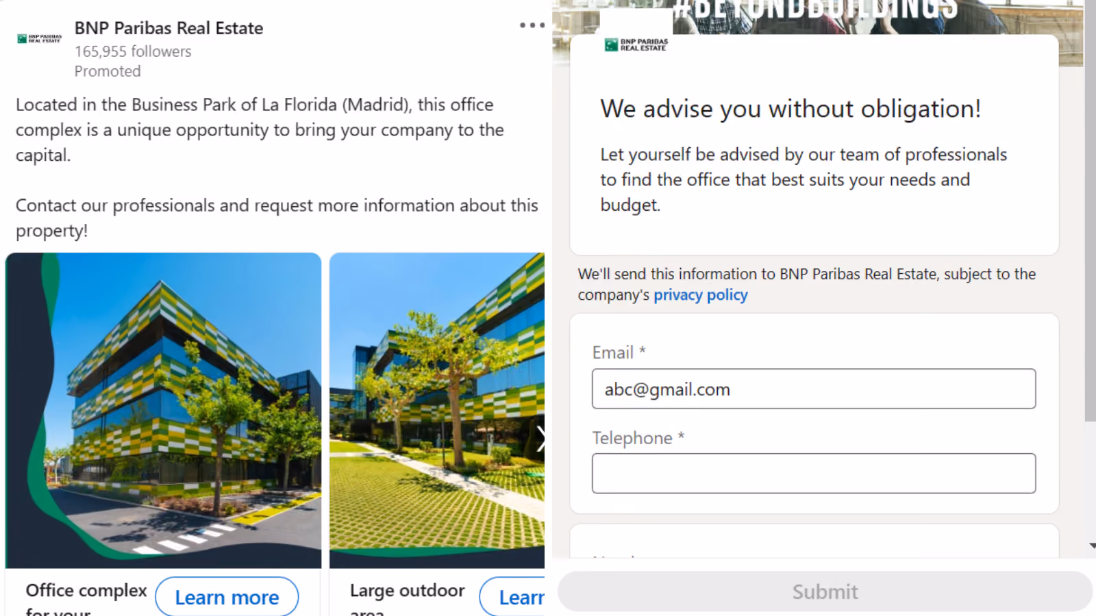 Lead generation form for Real Estate on LinkedIn