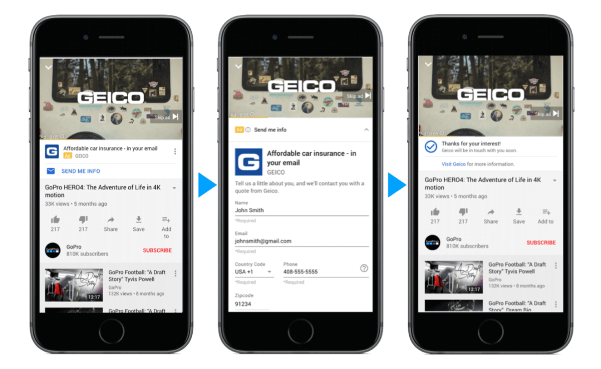 Screenshot - YouTube TrueView für Action Form Ads