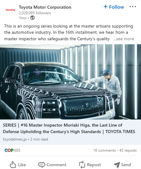 Toyota stellt auf seinem Marken-Account Unternehmensinitiativen vor