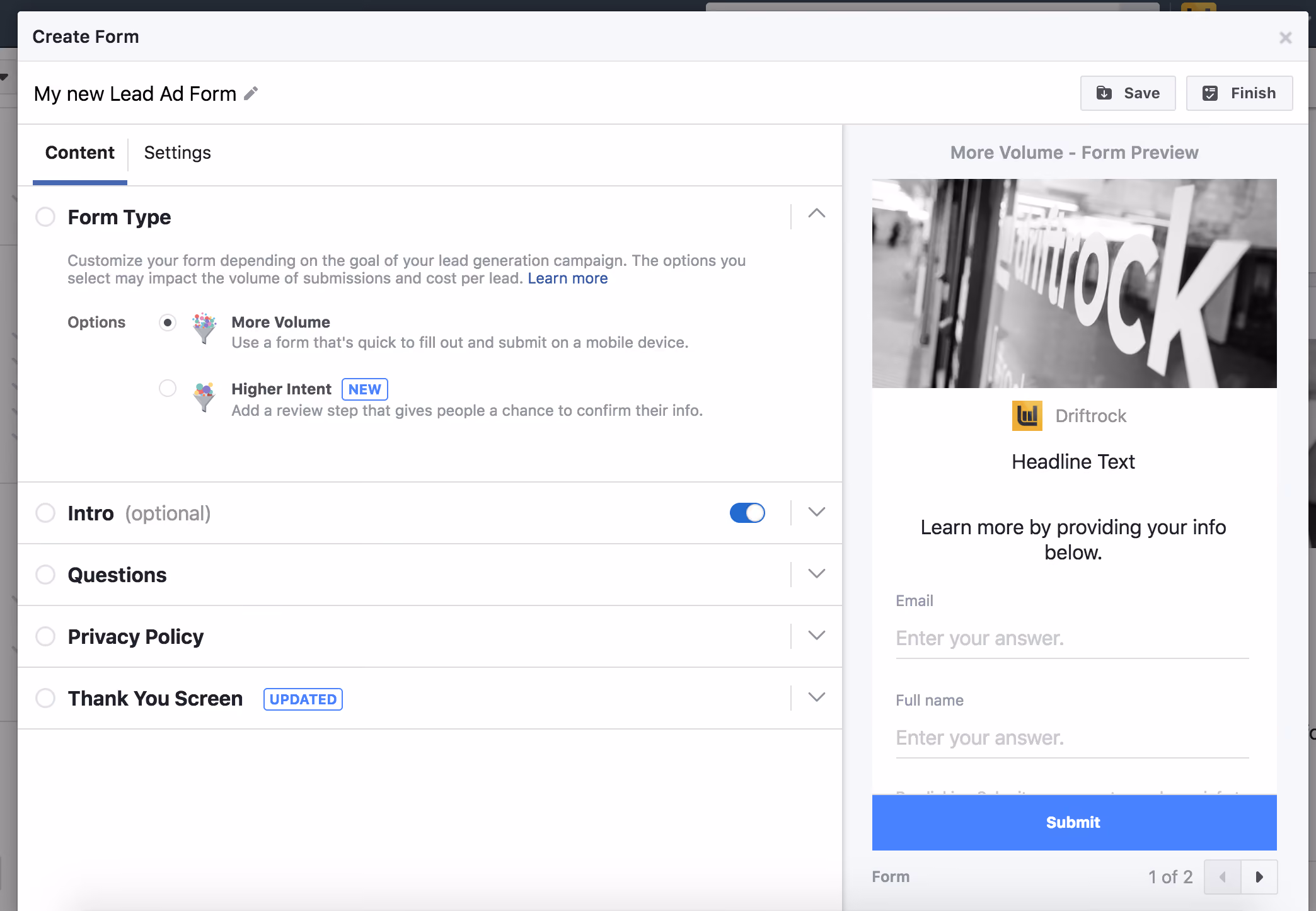 Facebook lead ads high intent vs more volume feature