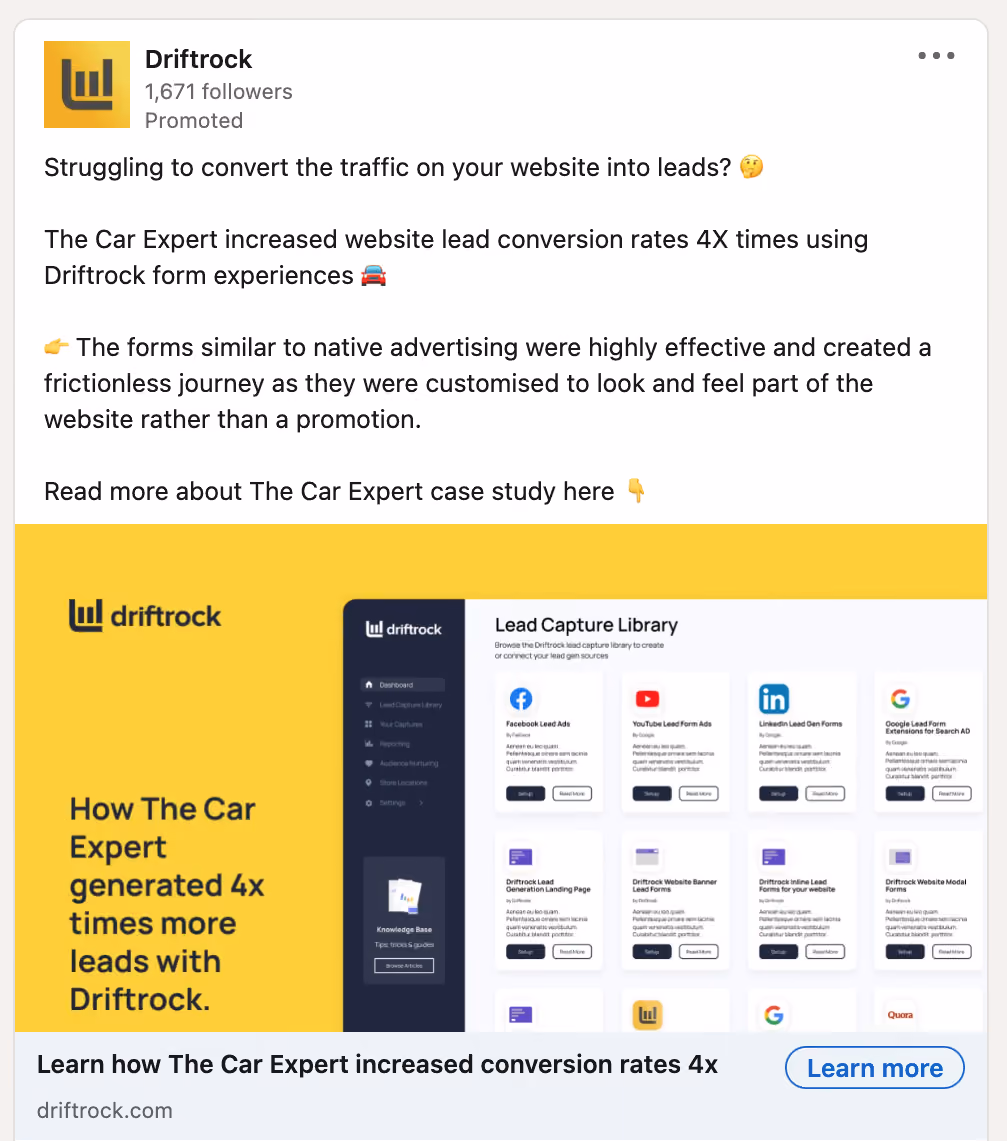 Ejemplo de anuncio en LinkedIn: Driftrock