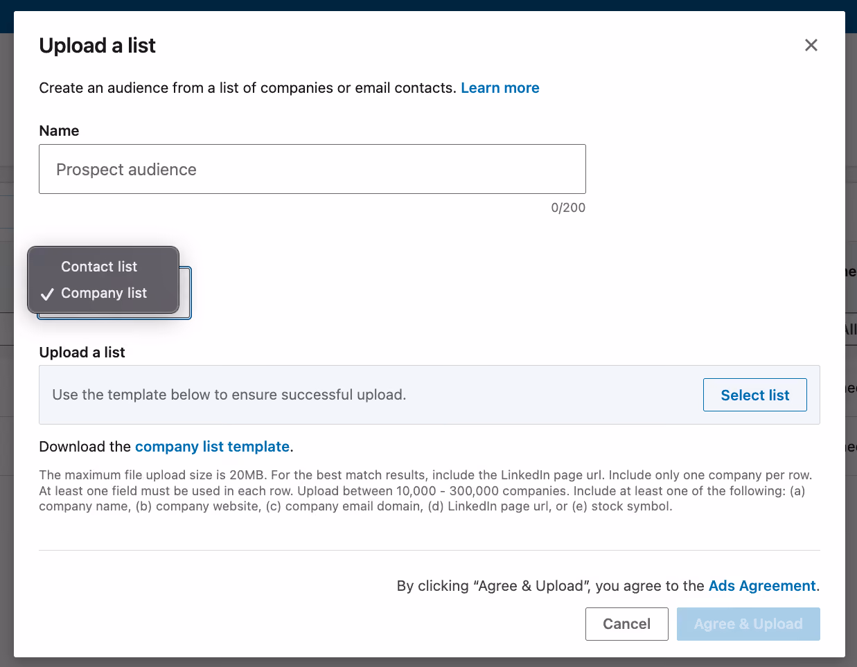 LinkedIn Matched Audiences: Uploading a company or contact list