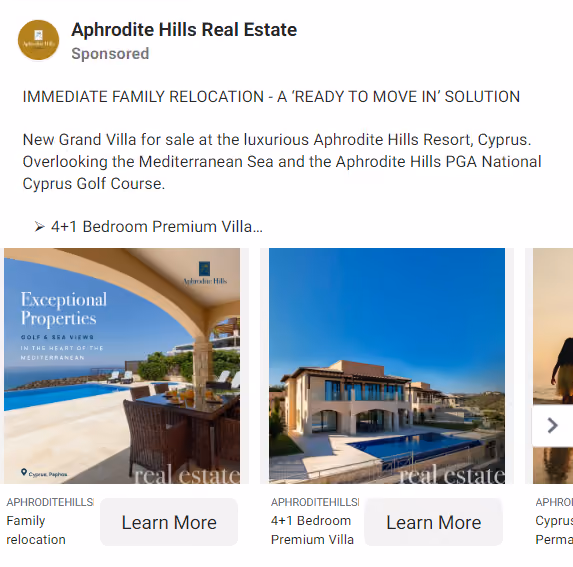 Facebook Real Estate Ad Example - Aphrodite Hills Real Estate
