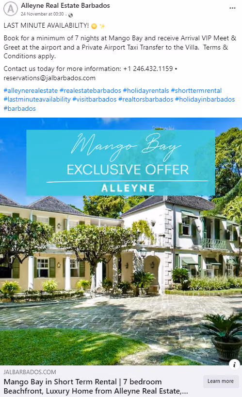 Facebook Real Estate Ad Example - Alleyne Real Estate Barbados