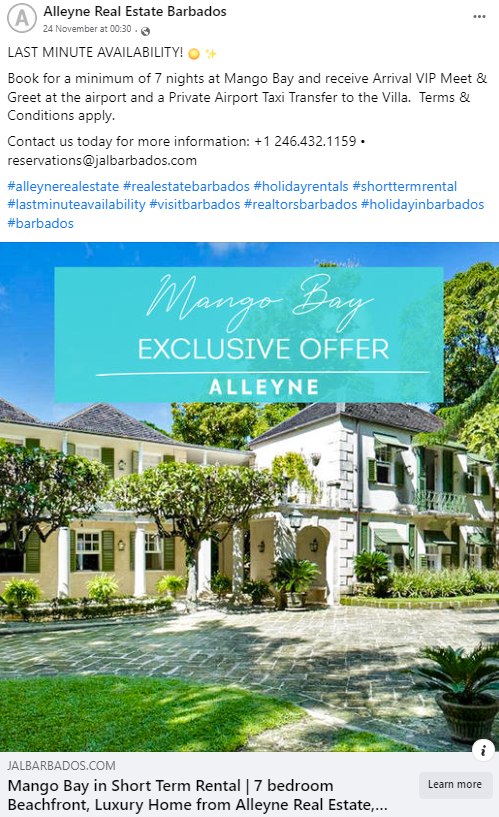 Exemple d'annonce immobilière sur Facebook - Alleyne Real Estate Barbados