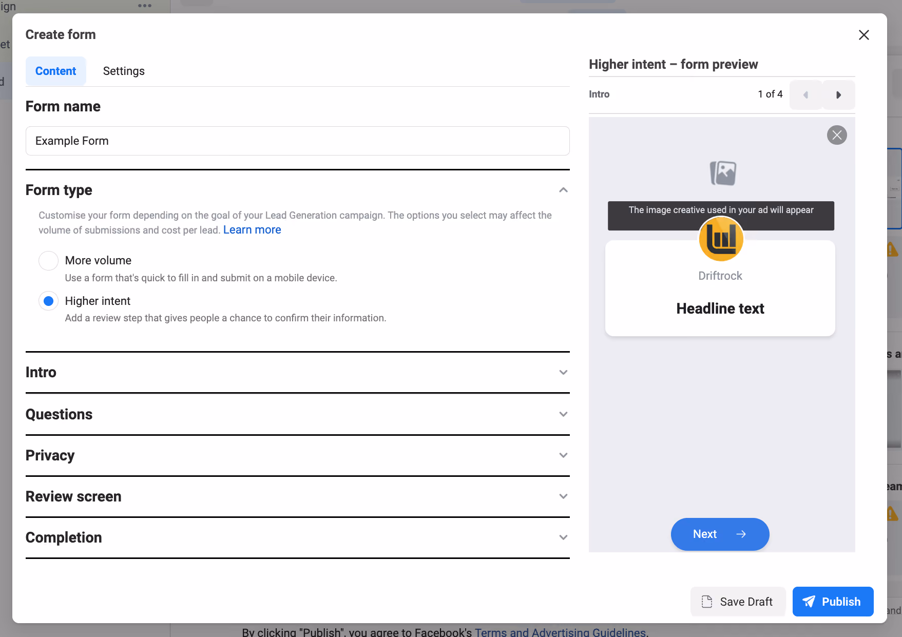Facebook Lead Generation Form Type