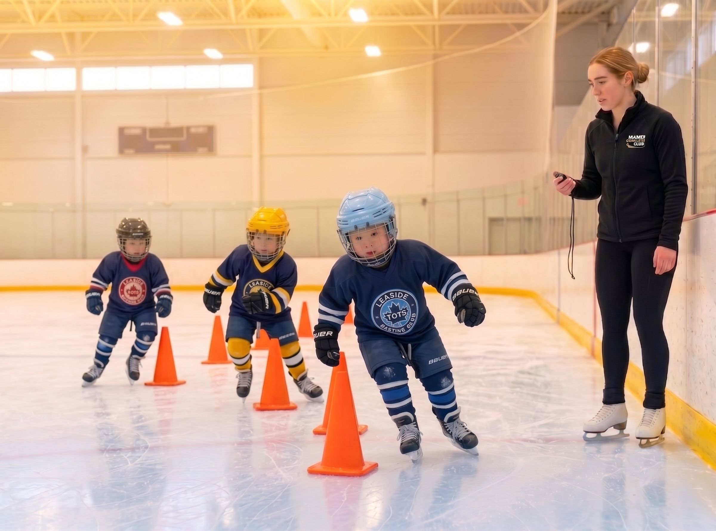 Young Power Tot skaters practising around cones with a coach