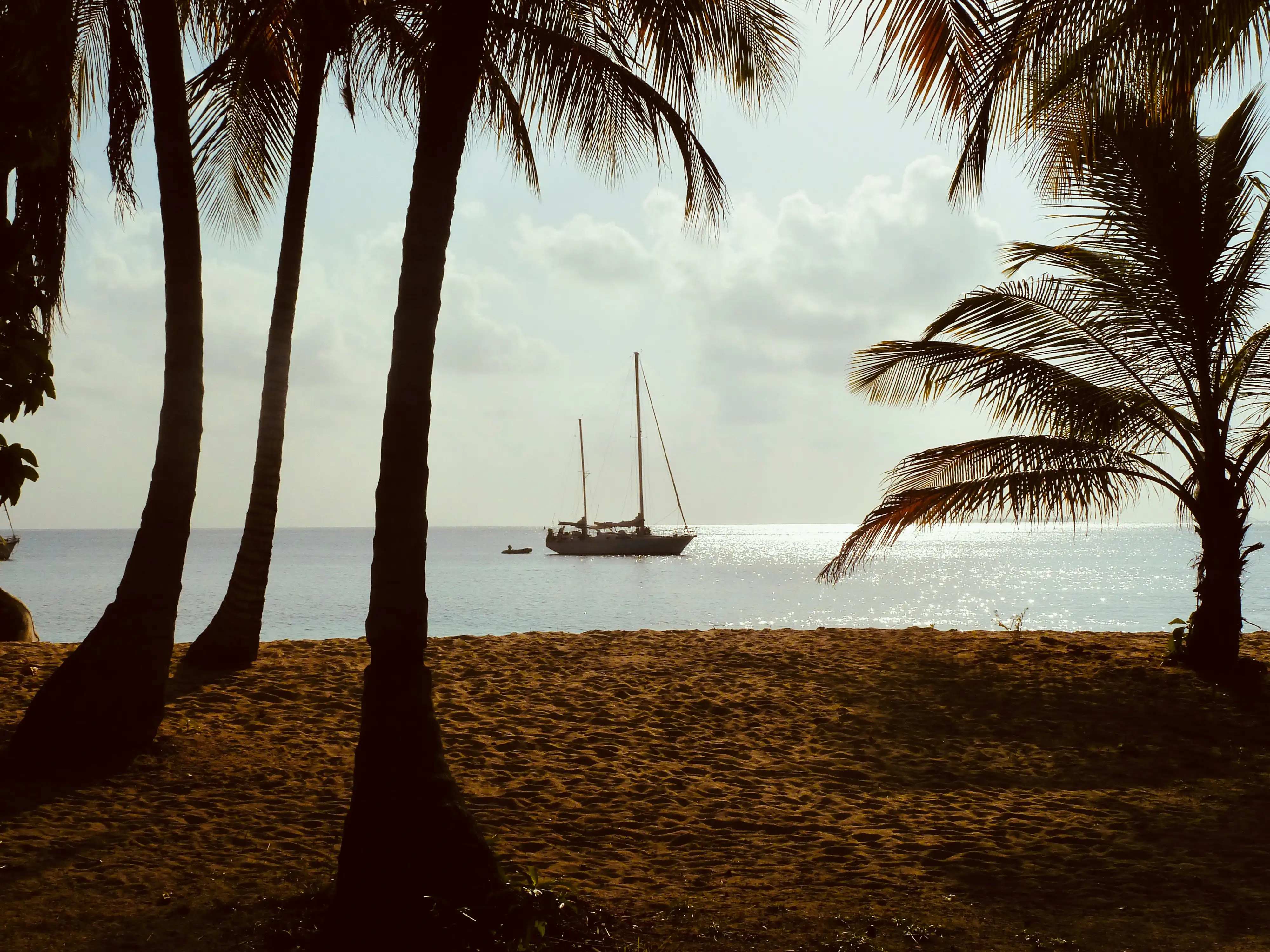 Sailboat anchored off a palm-lined beach in the San Blas Islands, Panama