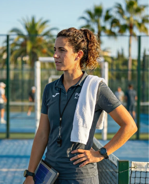 Female coach with a whistle and towel standing on a tennis court with palm trees in the background.