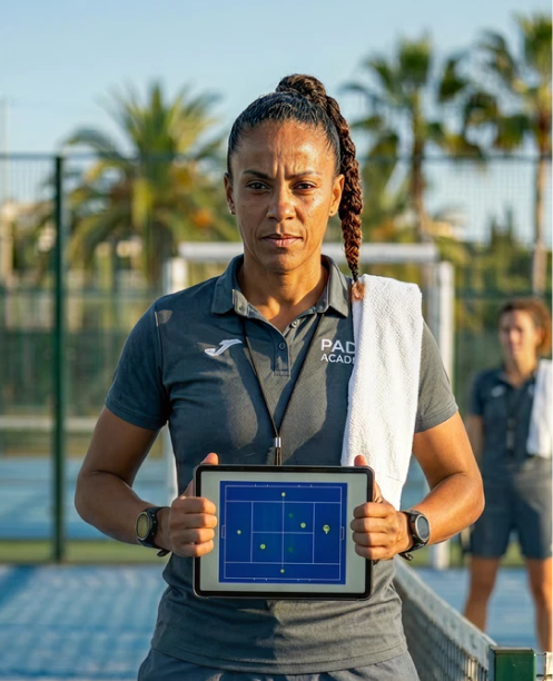 Athletic woman holding a tablet showing a padel court strategy, standing on an outdoor court.