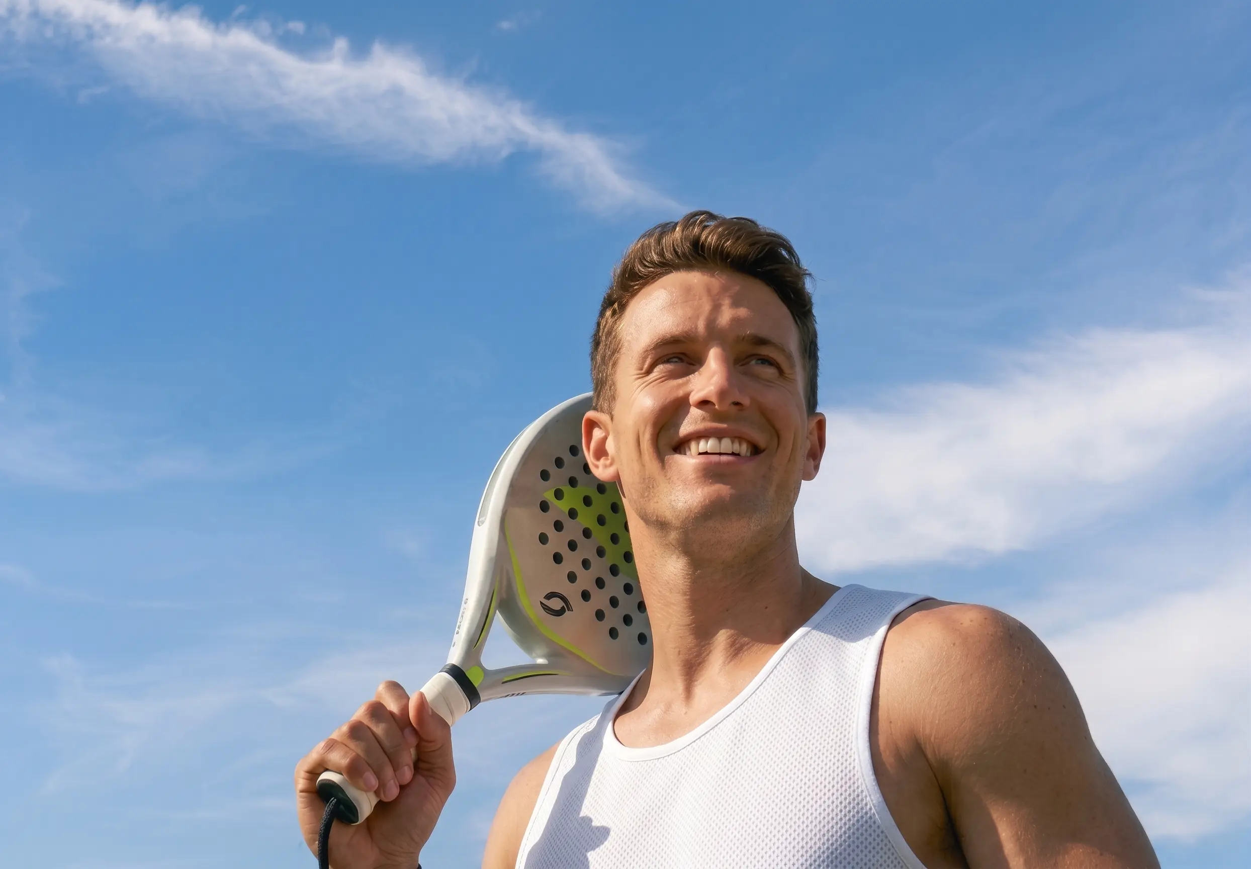 Smiling man in white tank top holding a padel racket over his shoulder under a blue sky.