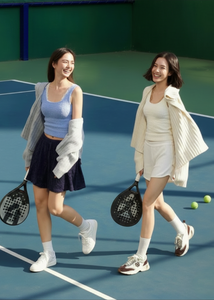 Two smiling women walking on a paddle tennis court holding paddles, wearing casual sportswear.