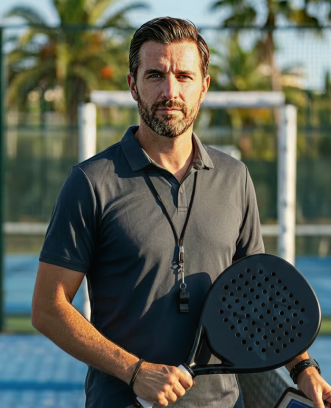 Man with whistle holding padel racket on outdoor court with palm trees in background.