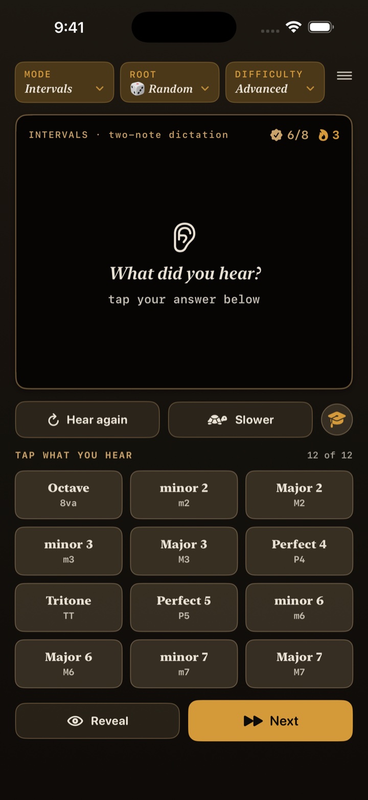 BassEducation Ear Trainer intervals screen